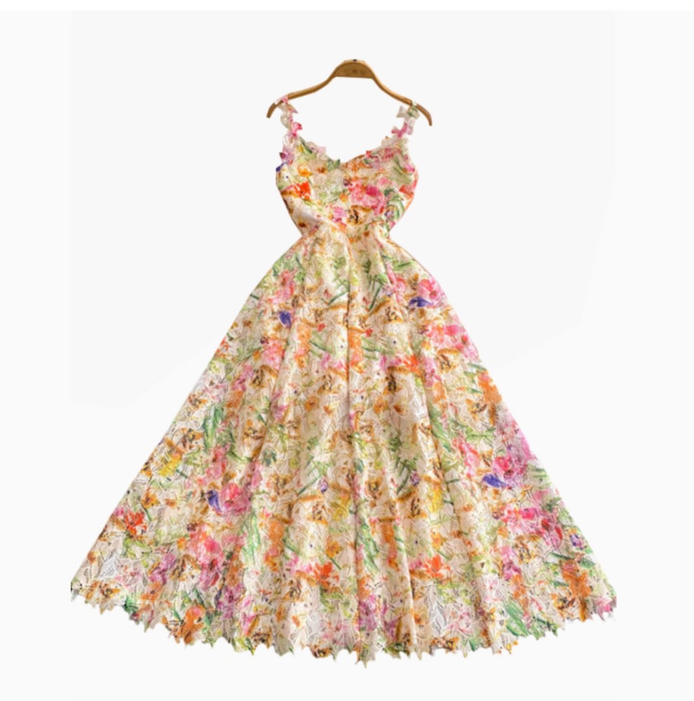 French Style Colorful Floral Lace Dress