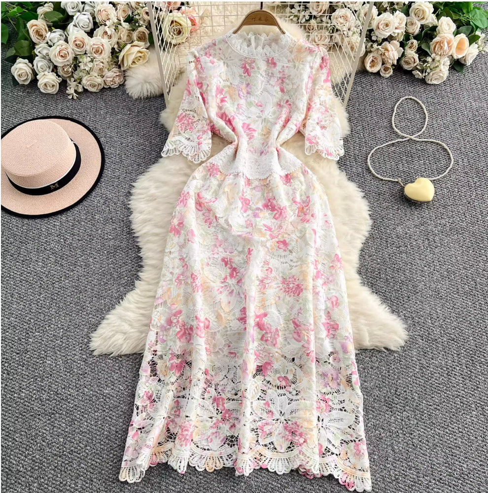 Hollowed Crochet Floral Lace Dress