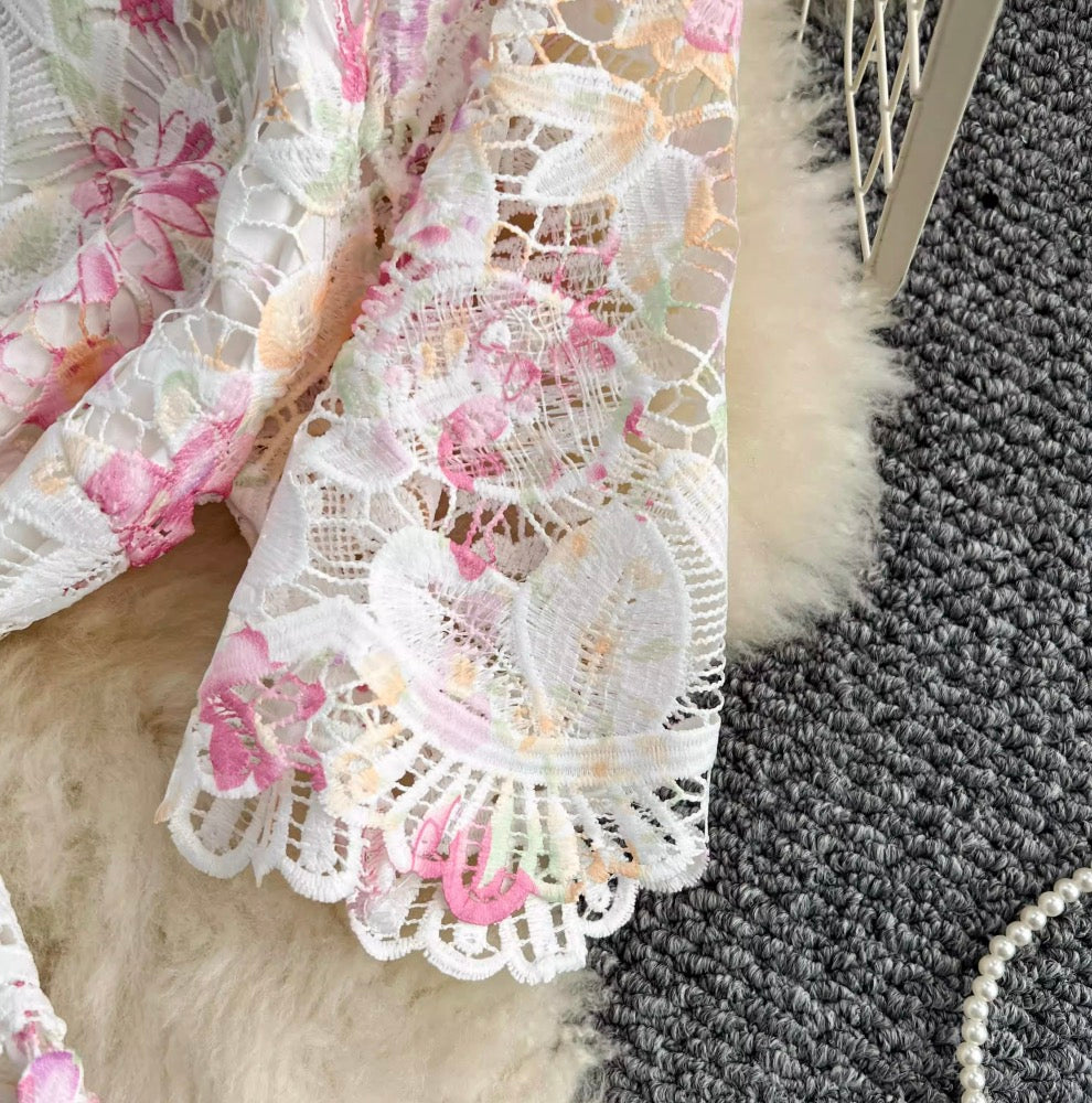 Hollowed Crochet Floral Lace Dress