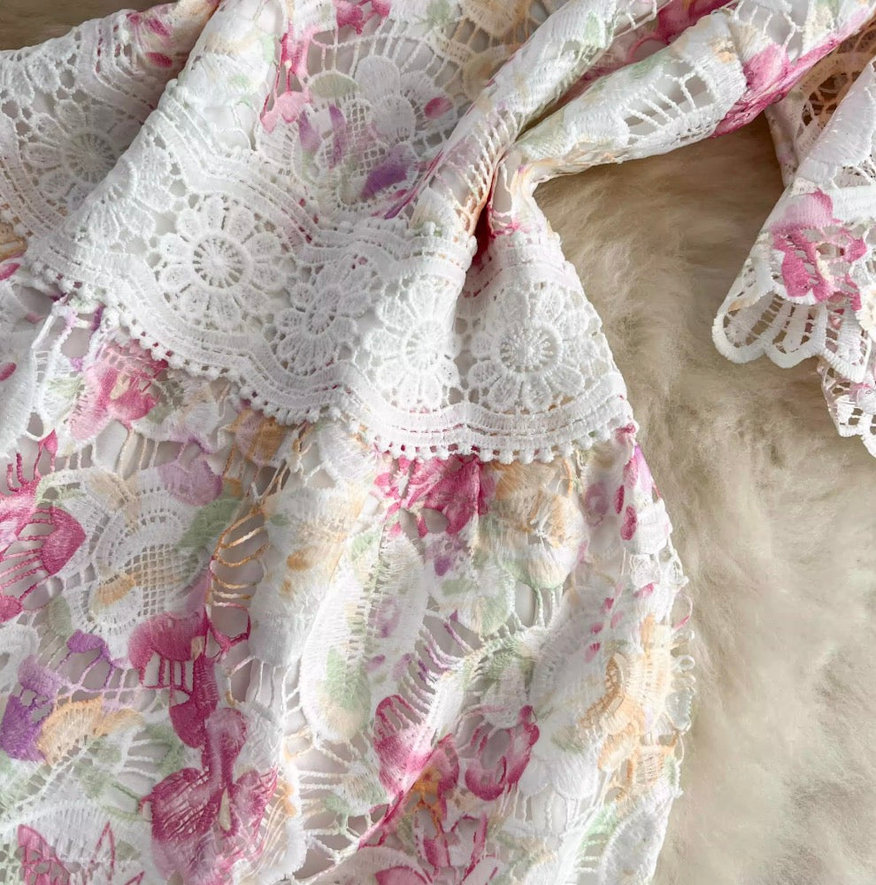 Hollowed Crochet Floral Lace Dress