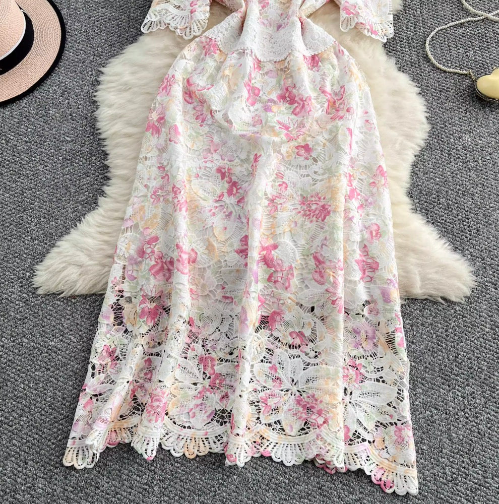 Hollowed Crochet Floral Lace Dress