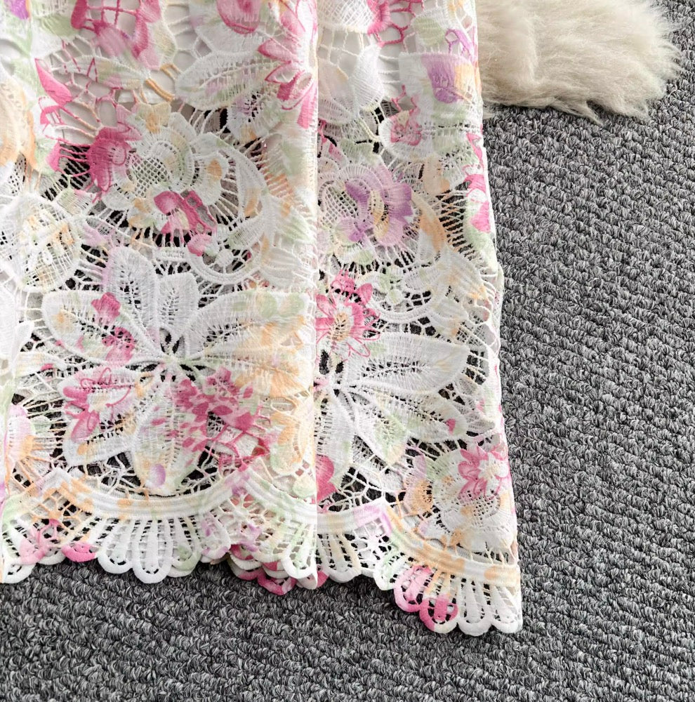 Hollowed Crochet Floral Lace Dress