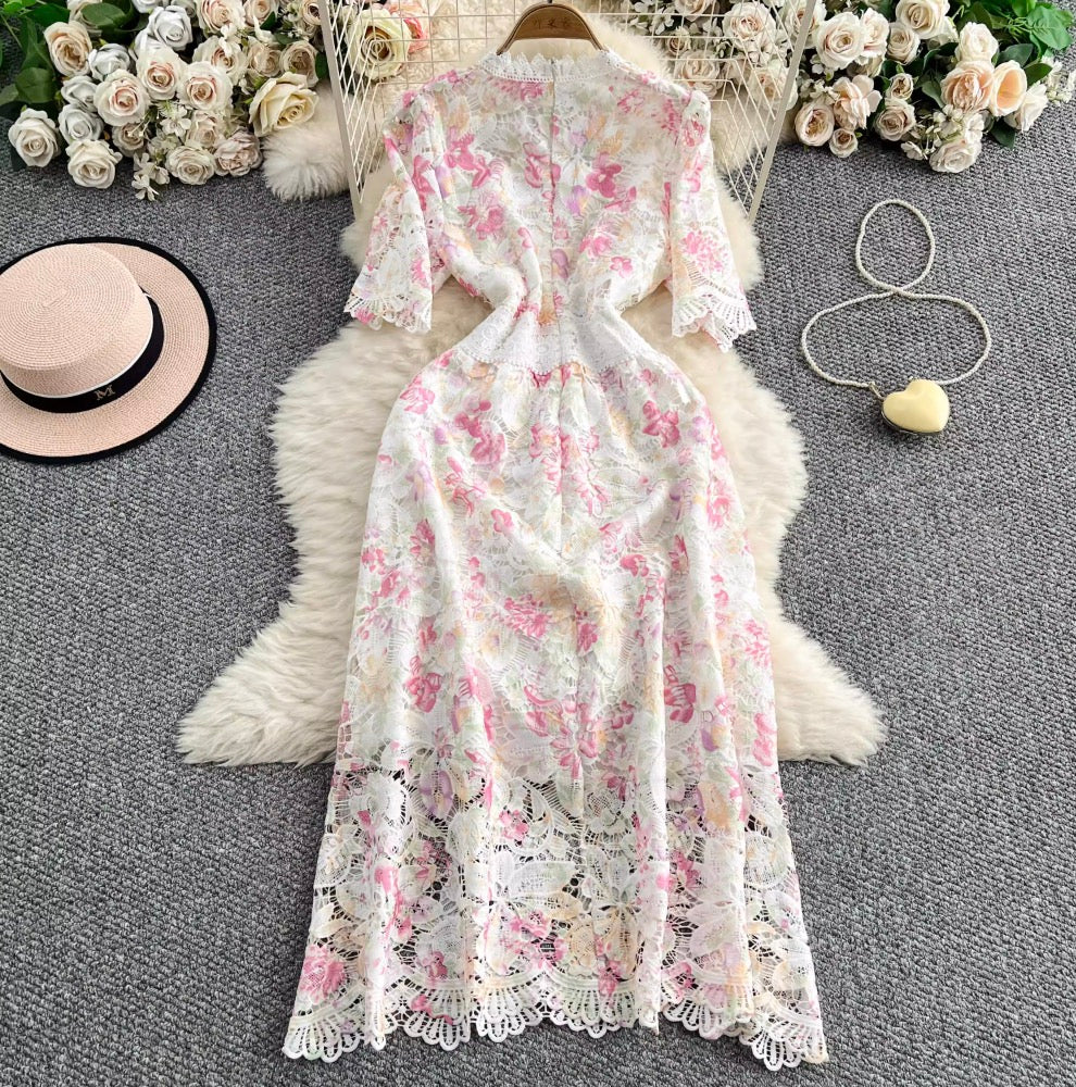 Hollowed Crochet Floral Lace Dress