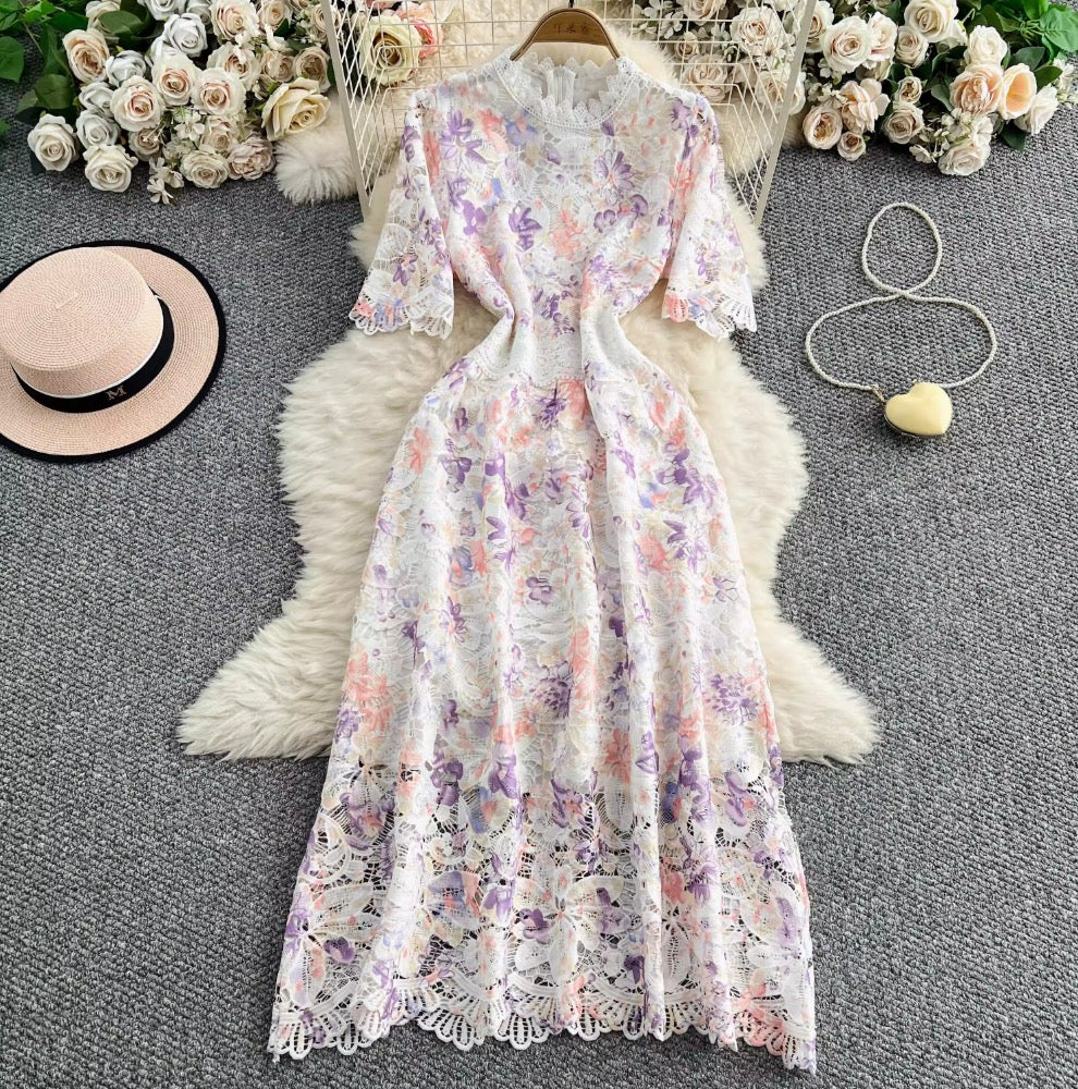 Hollowed Crochet Floral Lace Dress