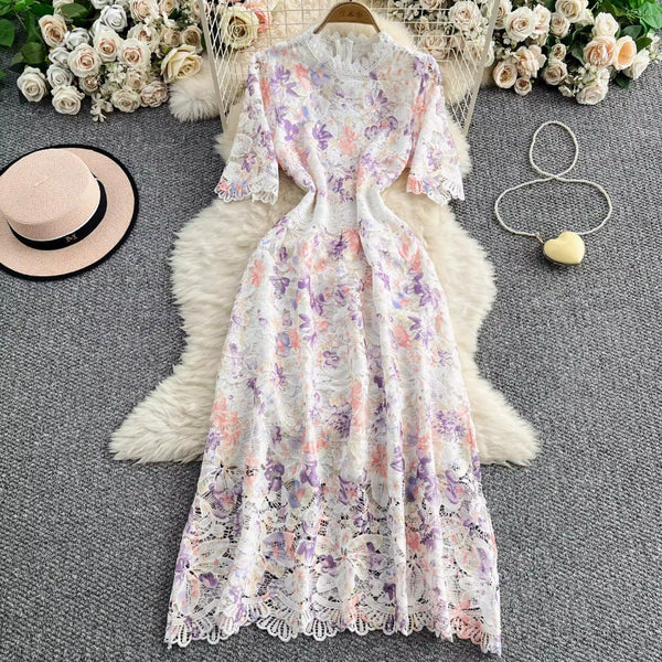 Hollowed Crochet Floral Lace Dress