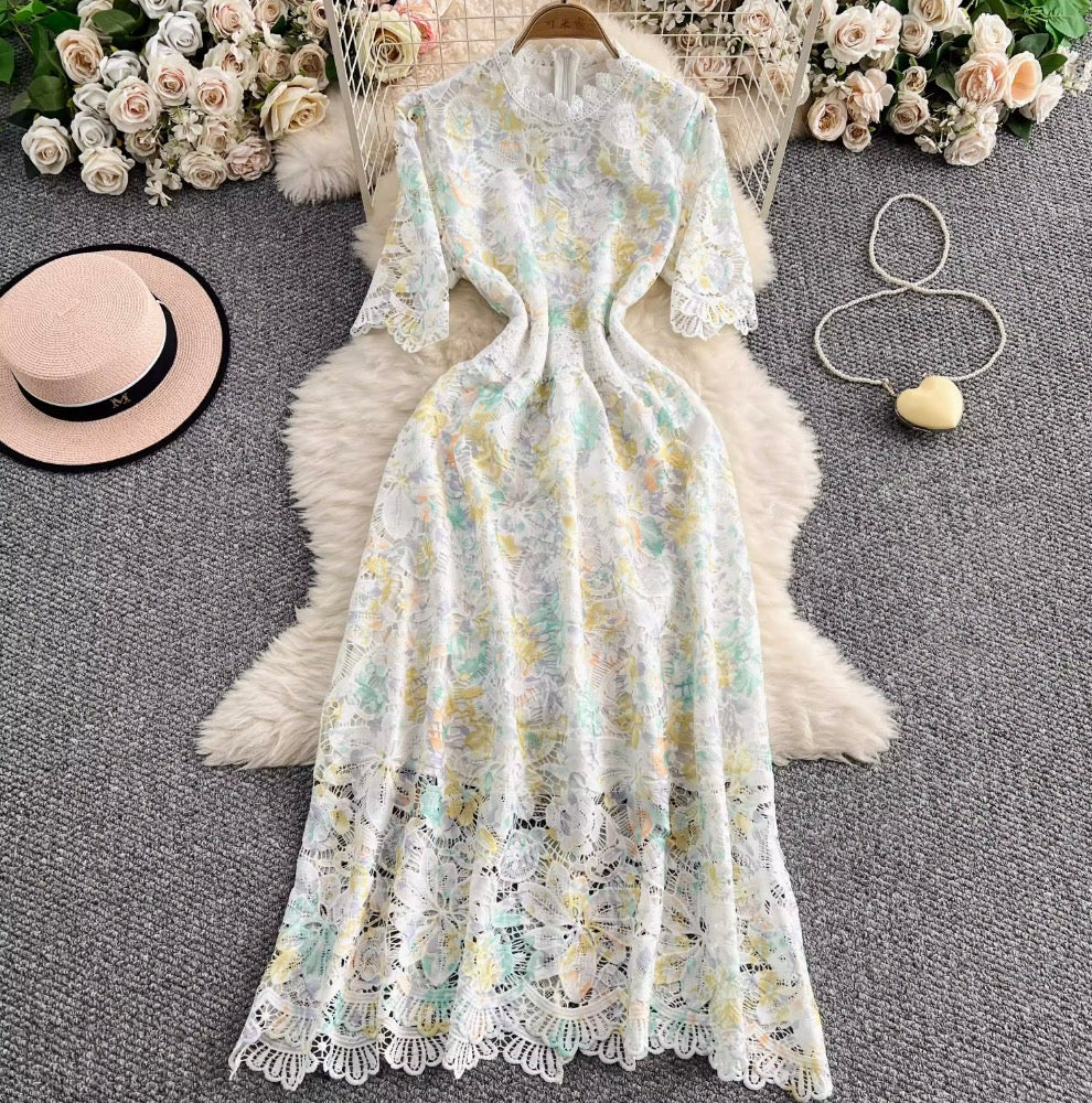 Hollowed Crochet Floral Lace Dress