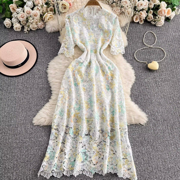 Hollowed Crochet Floral Lace Dress
