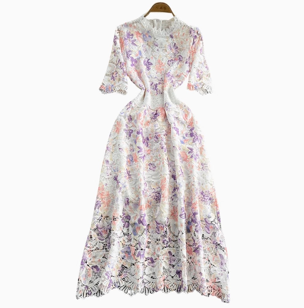 Hollowed Crochet Floral Lace Dress
