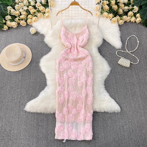 Sequined Pink Slim-fit Slip Dress