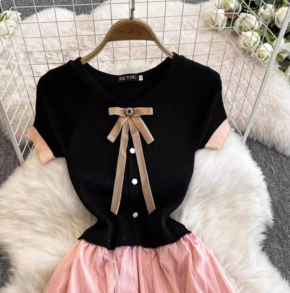 Bow-tie Layered Mesh Patchwork Dress