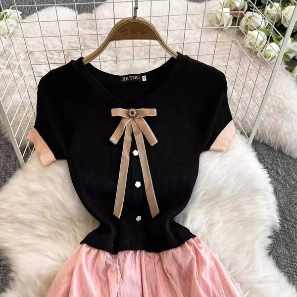 Bow-tie Layered Mesh Patchwork Dress