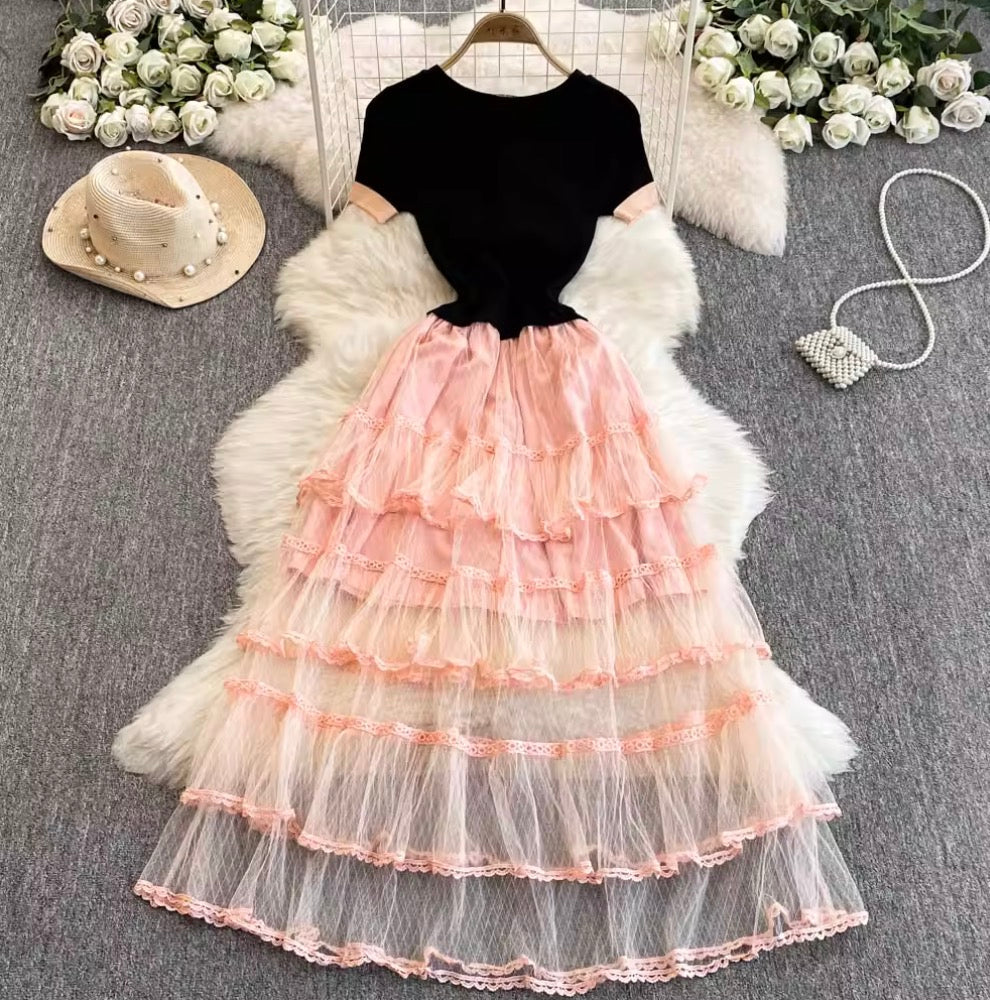 Bow-tie Layered Mesh Patchwork Dress