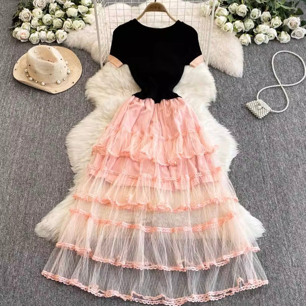 Bow-tie Layered Mesh Patchwork Dress