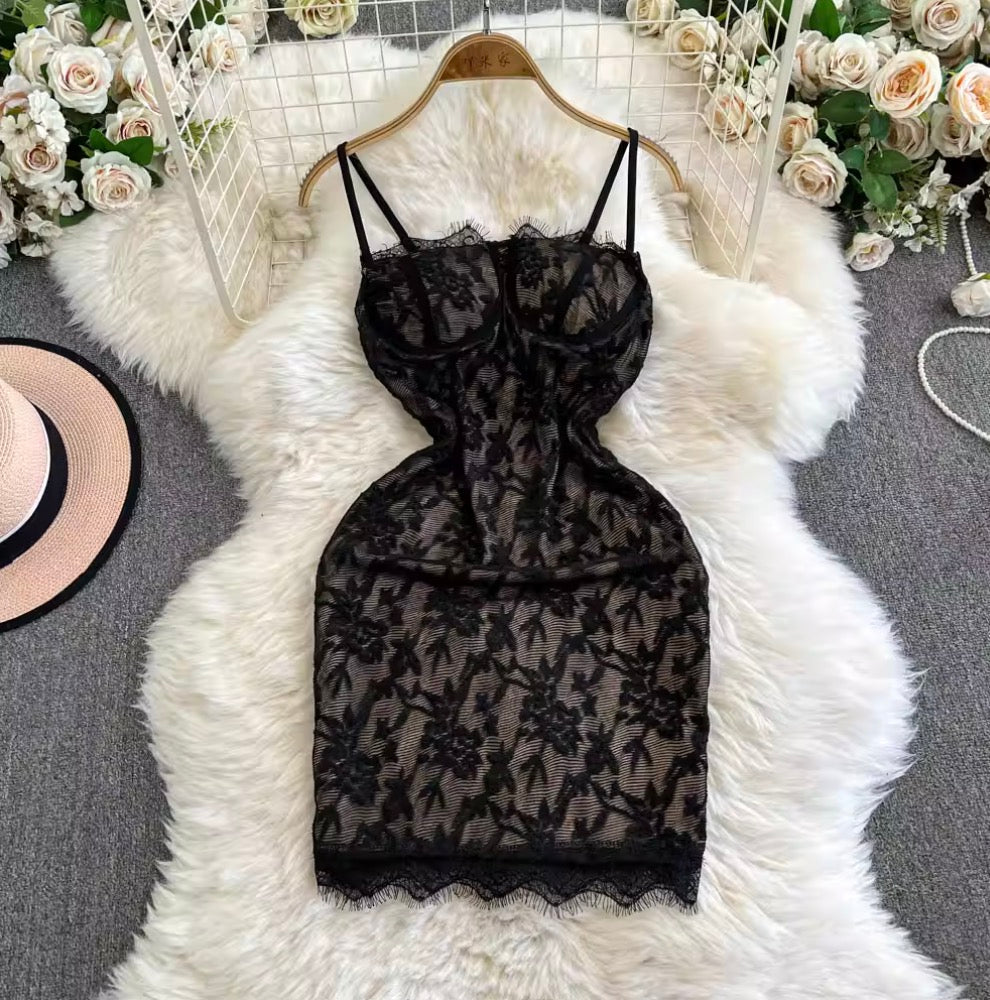 Backless Embroidery Lace Slip Dress