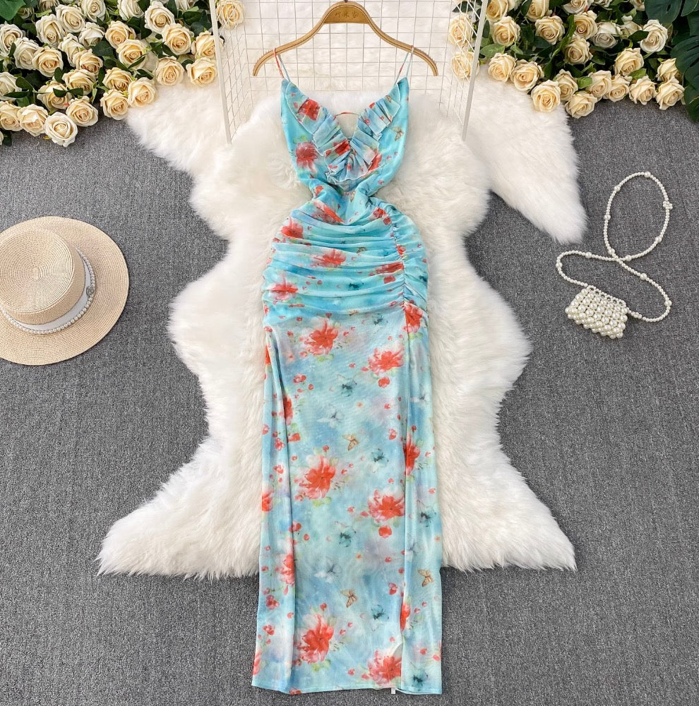 Lace-up Backless Printed Halter Dress