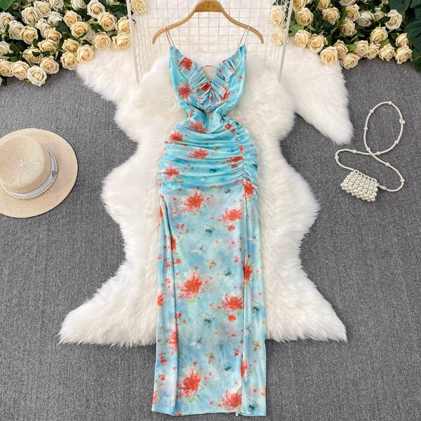 Lace-up Backless Printed Halter Dress