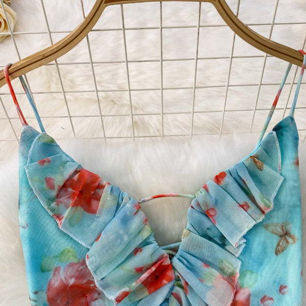 Lace-up Backless Printed Halter Dress