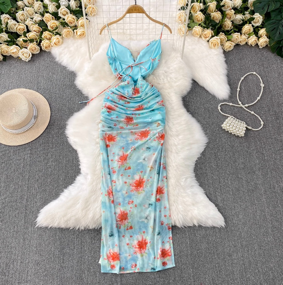 Lace-up Backless Printed Halter Dress