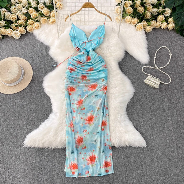 Lace-up Backless Printed Halter Dress