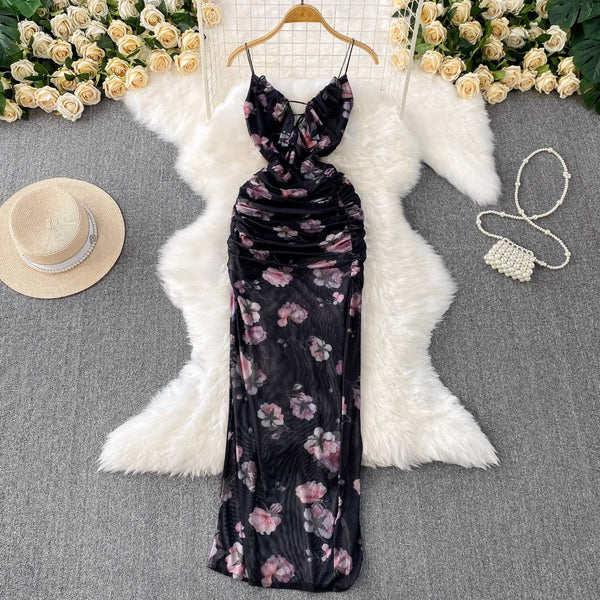 Lace-up Backless Printed Halter Dress
