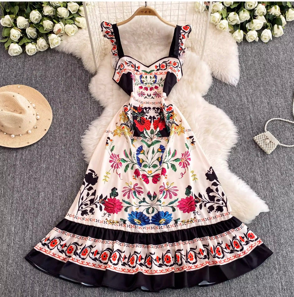Ethnic Printed Ruffled Slip Dress
