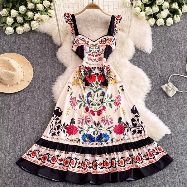 Ethnic Printed Ruffled Slip Dress