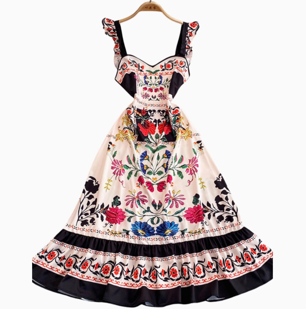 Ethnic Printed Ruffled Slip Dress
