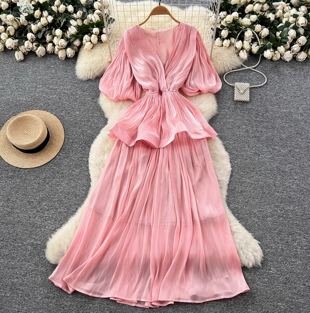 V-neck Flared Sleeve Glossy Dress