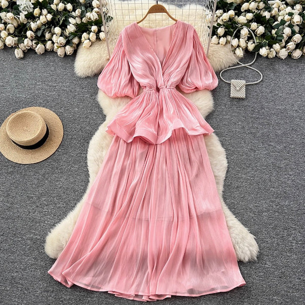 V-neck Flared Sleeve Glossy Dress