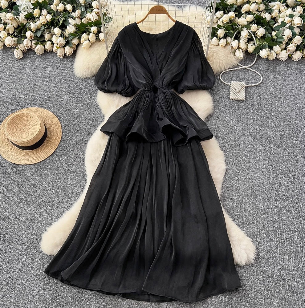 V-neck Flared Sleeve Glossy Dress