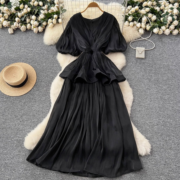 V-neck Flared Sleeve Glossy Dress