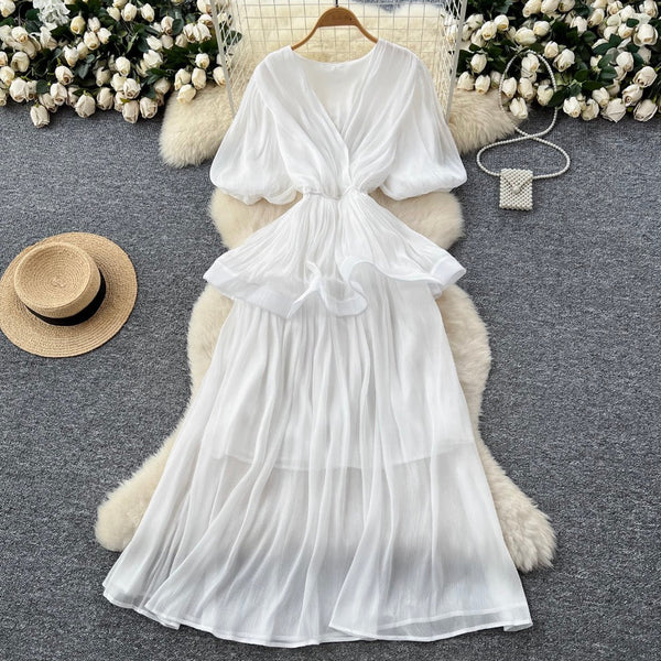 V-neck Flared Sleeve Glossy Dress