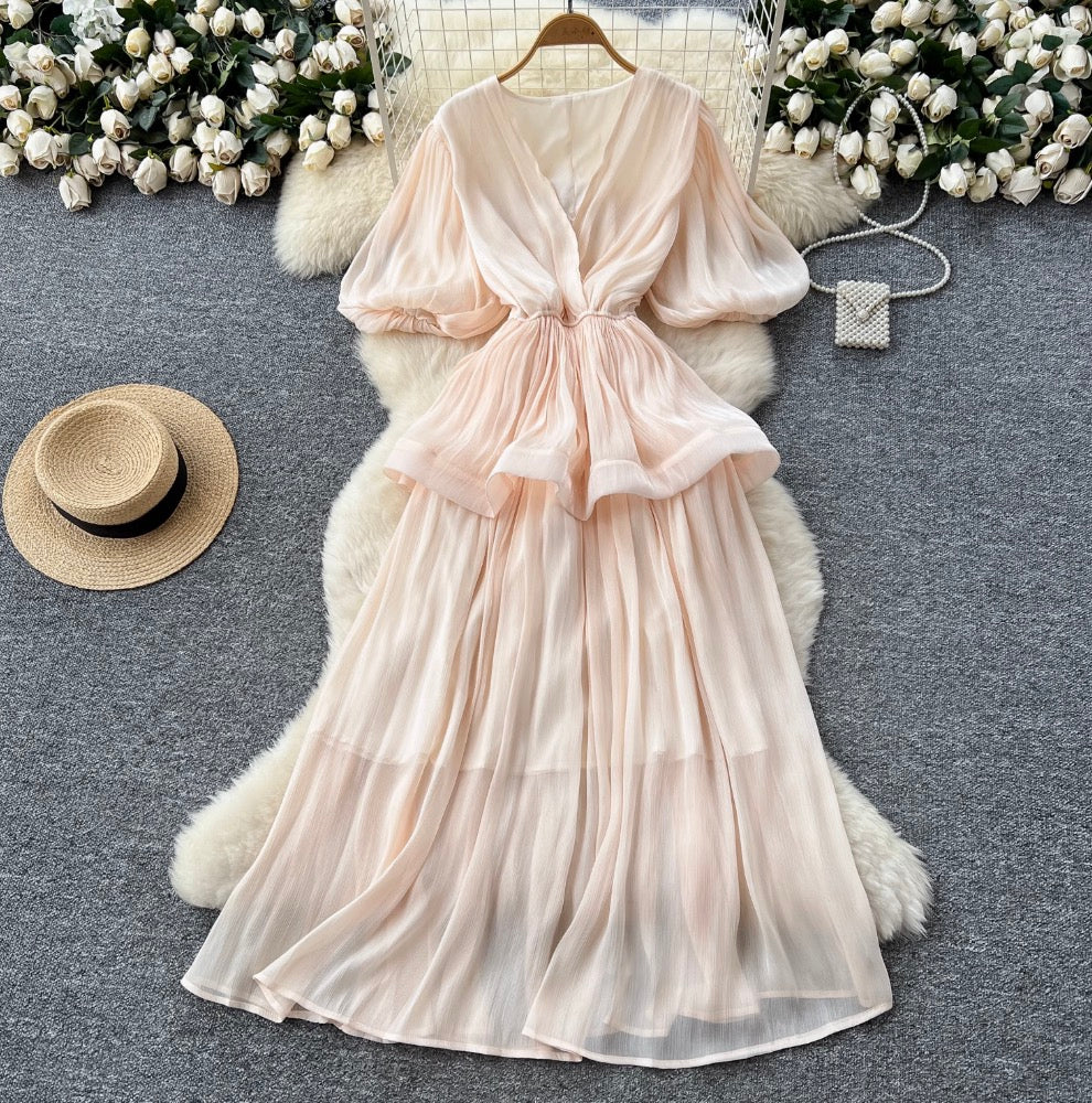 V-neck Flared Sleeve Glossy Dress