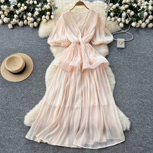 V-neck Flared Sleeve Glossy Dress