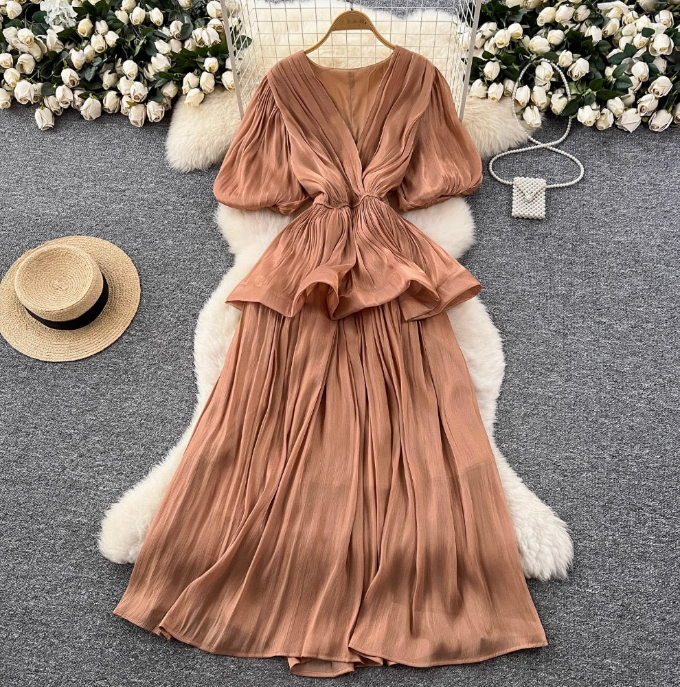 V-neck Flared Sleeve Glossy Dress