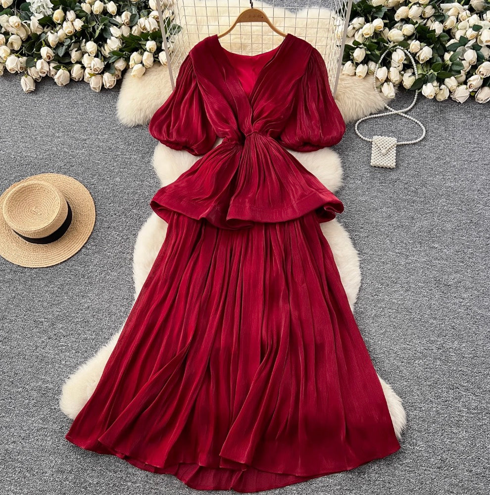 V-neck Flared Sleeve Glossy Dress