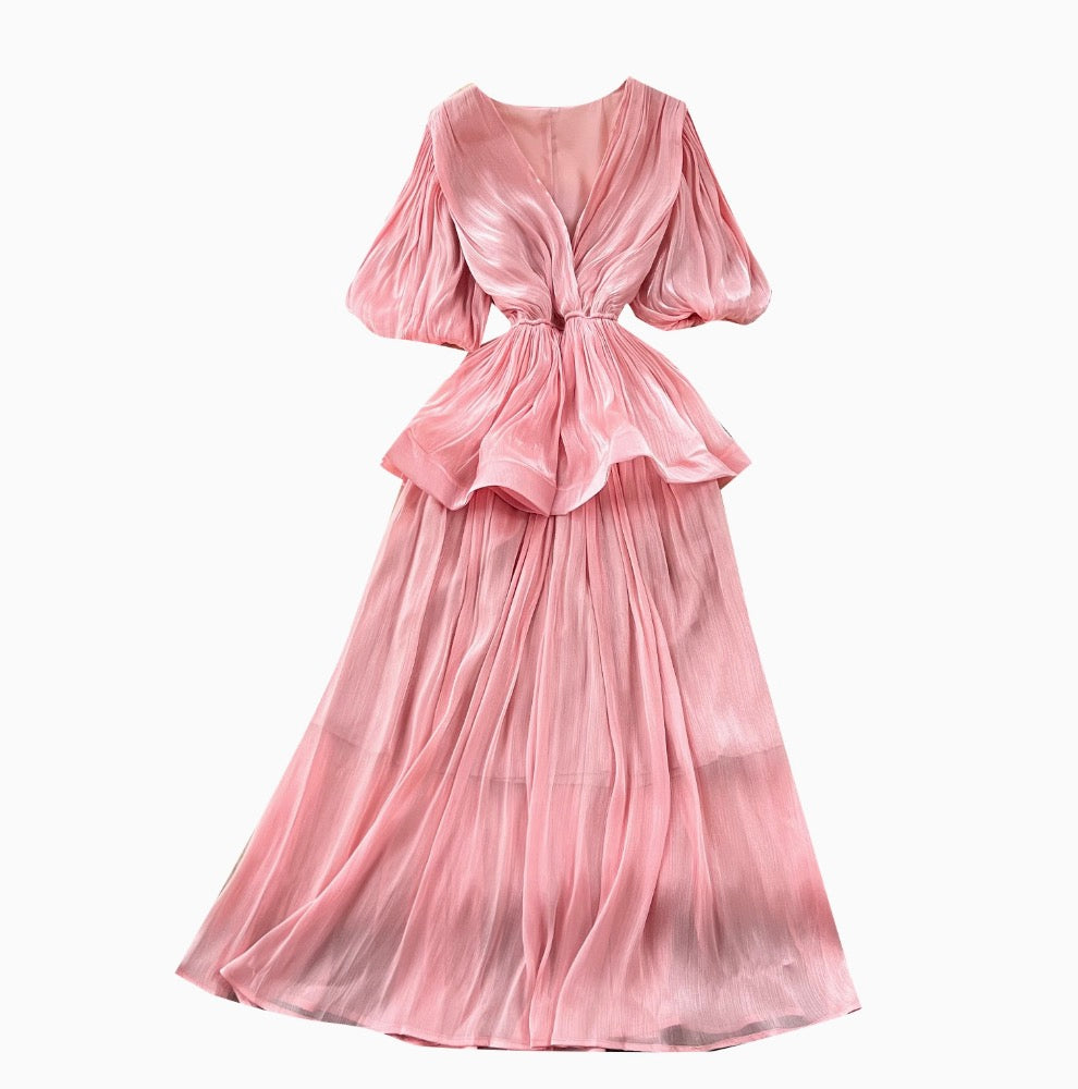 V-neck Flared Sleeve Glossy Dress