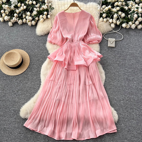 V-neck Flared Sleeve Glossy Dress
