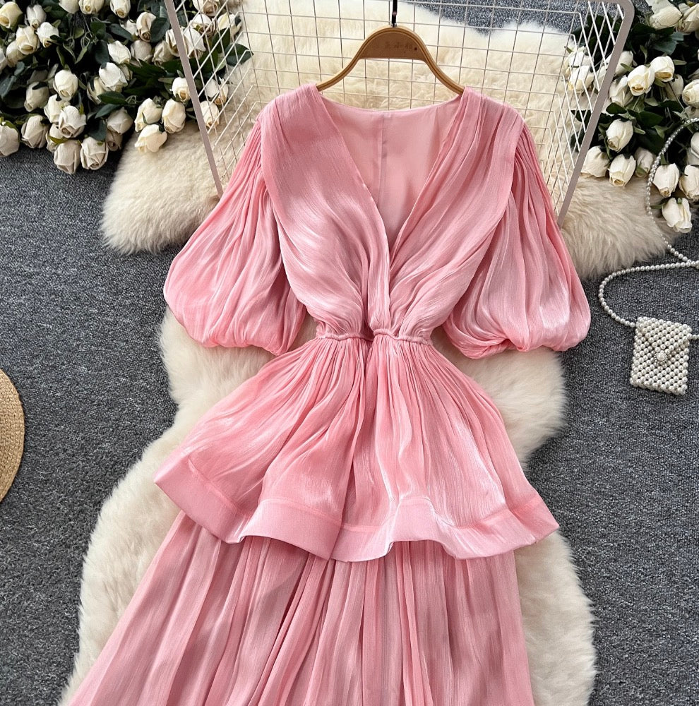 V-neck Flared Sleeve Glossy Dress