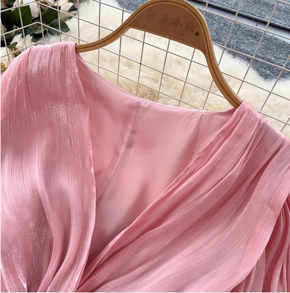 V-neck Flared Sleeve Glossy Dress