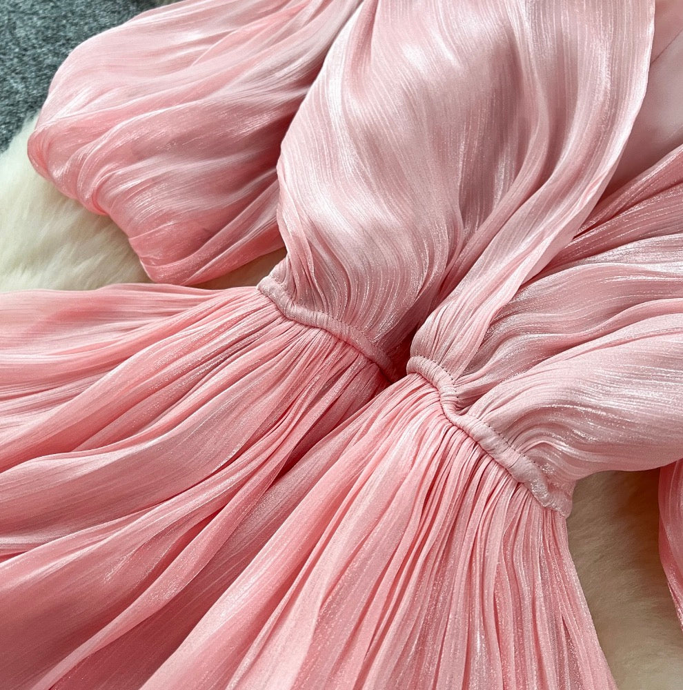 V-neck Flared Sleeve Glossy Dress