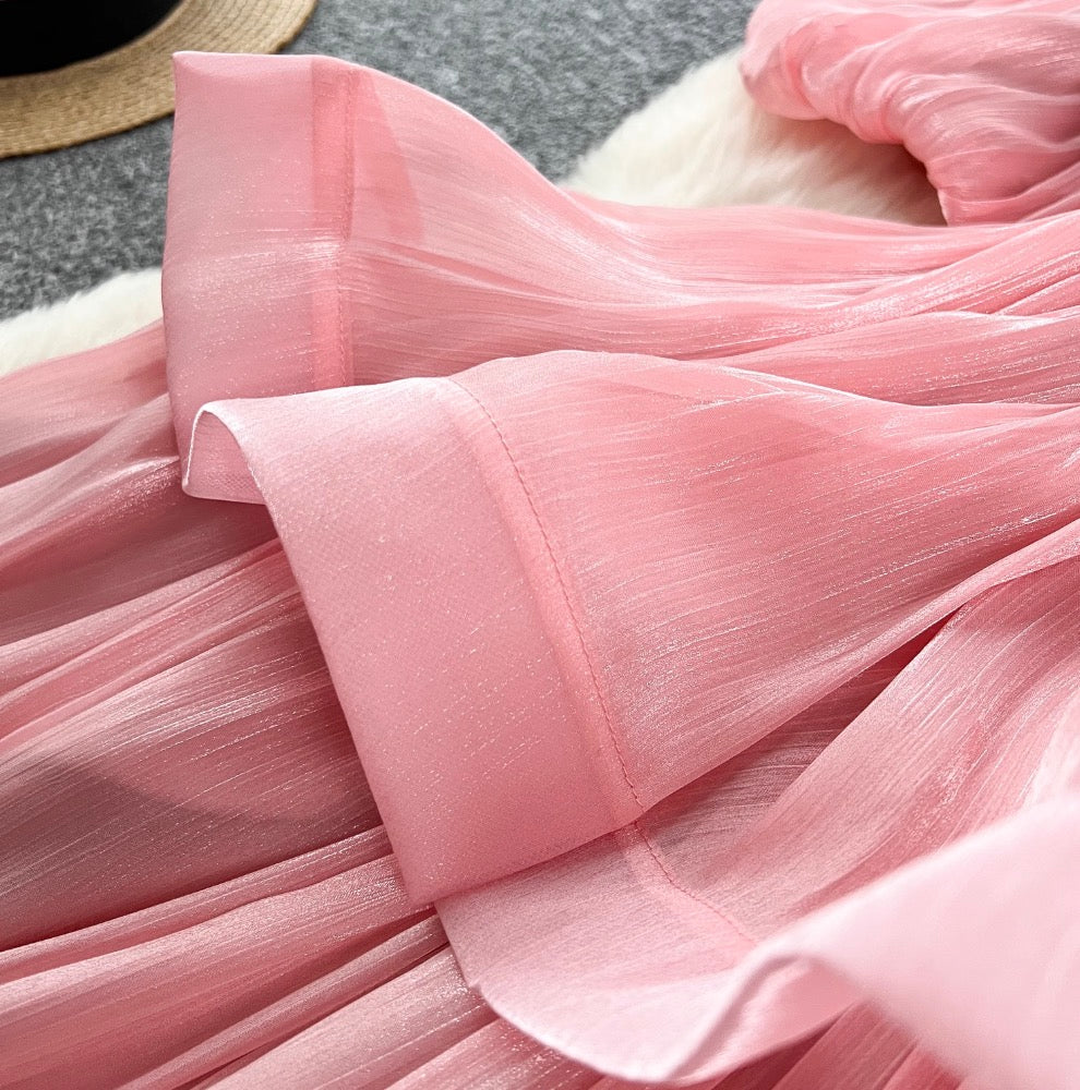 V-neck Flared Sleeve Glossy Dress
