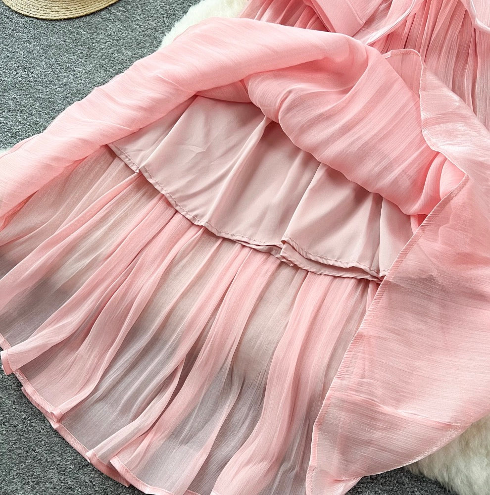 V-neck Flared Sleeve Glossy Dress