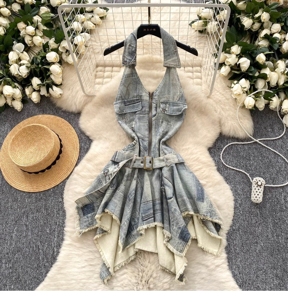 Vintage Distressed Denim Backless Halter Dress