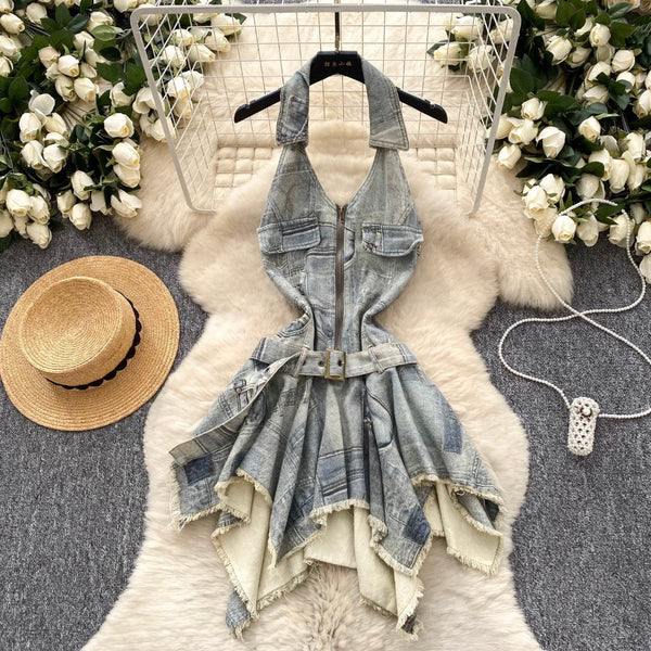Vintage Distressed Denim Backless Halter Dress