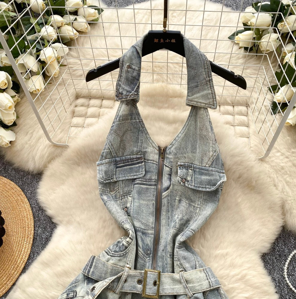 Vintage Distressed Denim Backless Halter Dress