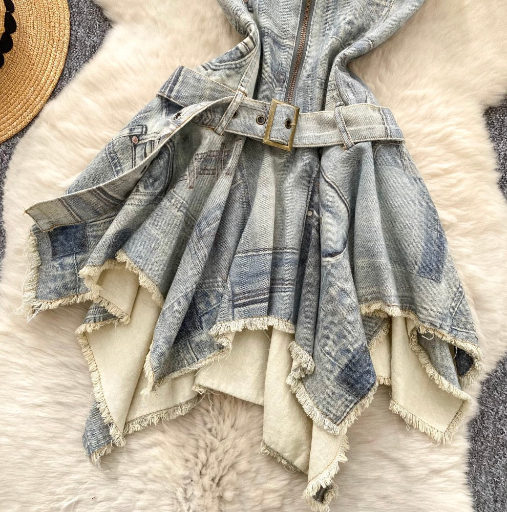 Vintage Distressed Denim Backless Halter Dress