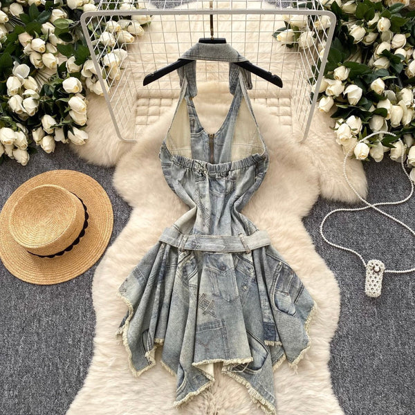 Vintage Distressed Denim Backless Halter Dress