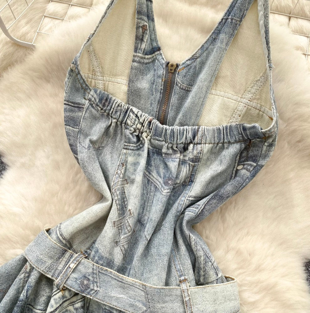 Vintage Distressed Denim Backless Halter Dress