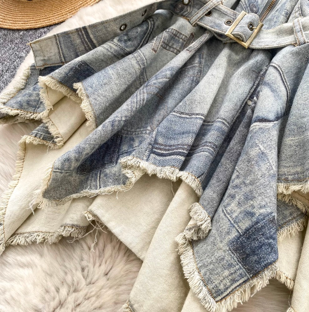 Vintage Distressed Denim Backless Halter Dress
